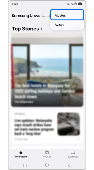 Ajustes seleccionados en la página de Samsung News