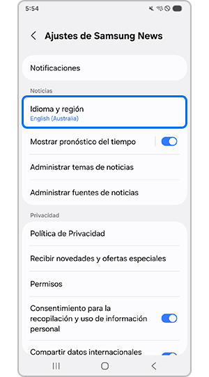 Mostrando la página de ajustes de Samsung News