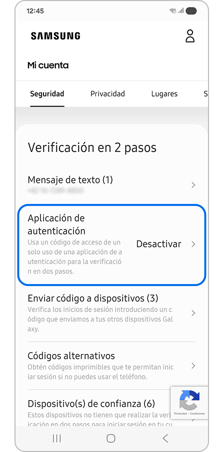 Seleccionar la Aplicación de autenticación como método de verificación