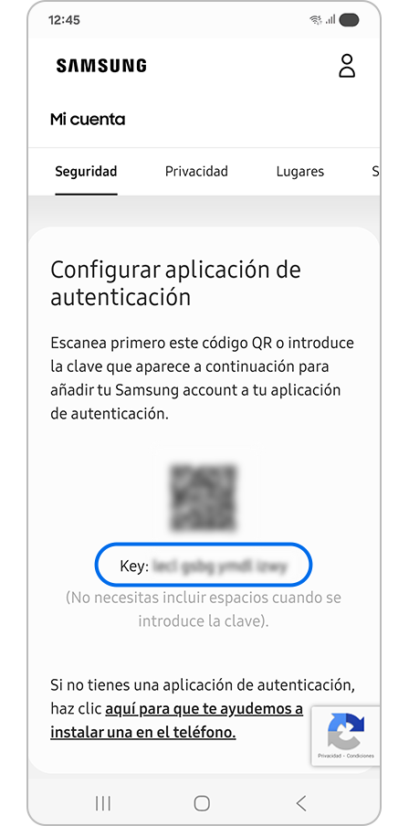 Copiar el código clave que se muestra