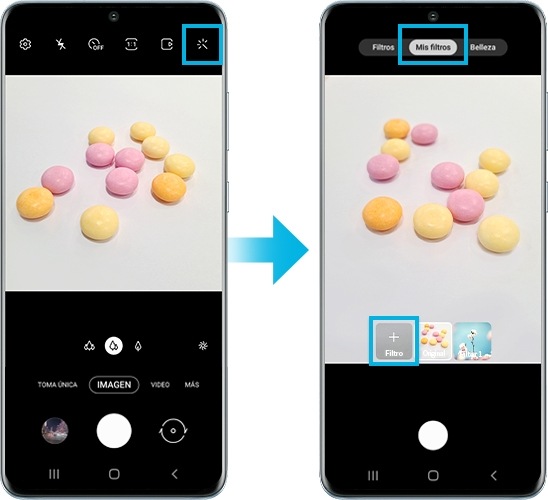 imagen de un dispositivo Galaxy S20 usando la función filtro