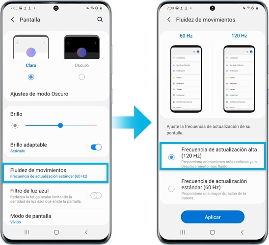imagen de un dispositivo Galaxy S20 al ajustar la frecuencia de actualización