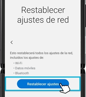 Captura de pantalla que muestra cómo restablecer los ajustes de red en el dispositivo.