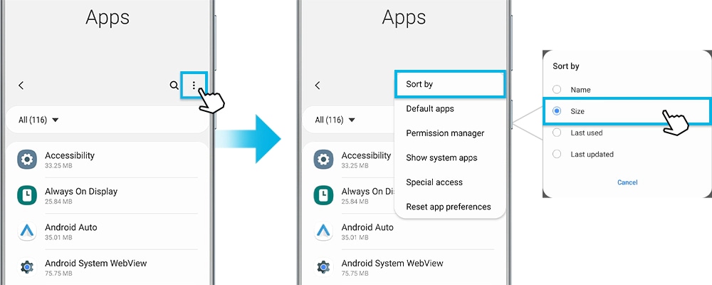 More options to sort by size