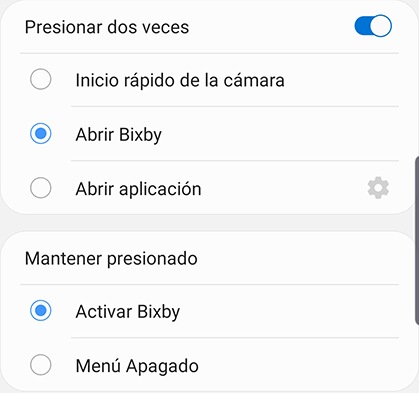 Instrucciones de imagen de captura de pantalla del Note10 sobre cómo personalizar la tecla lateral para activar Bixby abierta