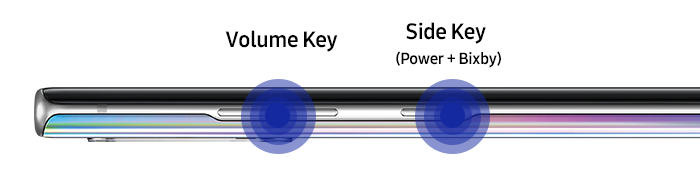 Imagen que muestra la tecla del Volumen y la tecla Lateral del lado izquierdo del dispositivo Note10