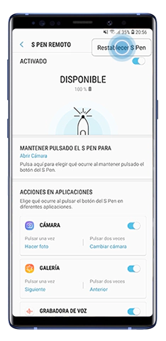Restablezca la opción S Pen en el menú control remoto de S Pen