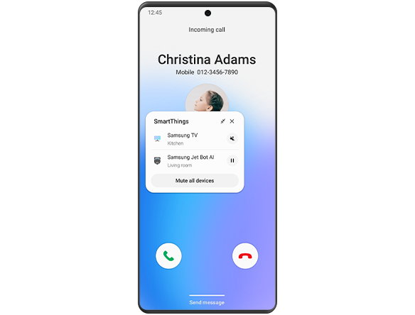 A Galaxy smartphone GUI shows an incoming call from Christina Adams along with the SmartThings pop-up that lets you mute the living room TV, the kitchen TV, or all TVs. 