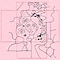 A black-and-pink sketch of a woman's face. She has long, curvy hair decorated with flowers. Her eyelashes are extensive and she has freckles on her cheeks. Her one hand is holding small figures holding one another's hand. The background is filled with rain, sun and rainbow.