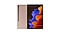 Frontal and rear views of a Mystic Bronze Galaxy Tab S7 with blue, orange and red shapes on display.