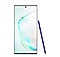Front-facing view of a Galaxy Note10 with a blue S Pen leaning against its right side