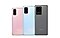 Back views of a Cloud Pink Galaxy S20, a Cloud Blue Galaxy 20+ and a Cosmic Grey Galaxy S20 Ultra 5G overlapping each other, the products are shown from side to side with the S20 on the bottom left