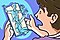 A cartoon illustration of a boy holding his smartphone in shock as a mother and father appear to be waving and monitoring his activity as they hold a magnifier and binoculars.
