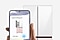 Перед холодильником рука держит смартфон Galaxy, на котором отображается приложение SmartThings с карточкой, предлагающей сопряжение с холодильником. Интерфейс приложения также виден внутри холодильника.