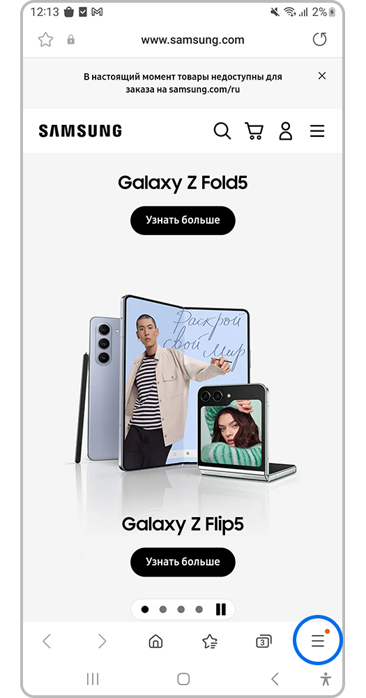 Откройте приложение «Интернет» и нажмите кнопку «Меню / Опции»