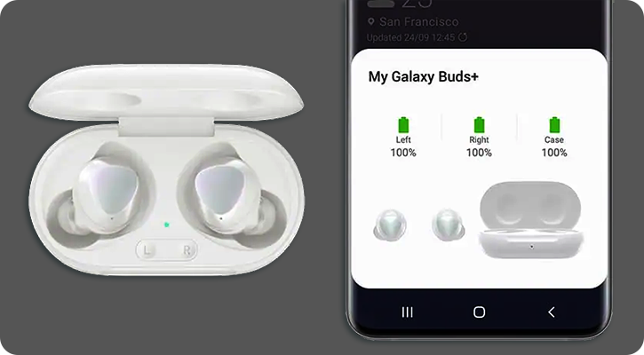 Наушники Galaxy Buds+ подключены к смартфону Galaxy
