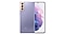 Two Galaxy S21 Series smartphones are shown side by side, with one revealing the back in Phantom Violet and the other displaying its Home screen.