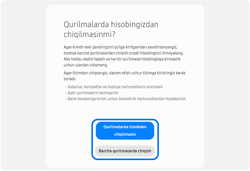 Boshqa qurilmalarda akkauntdan chiqish ni tanlang