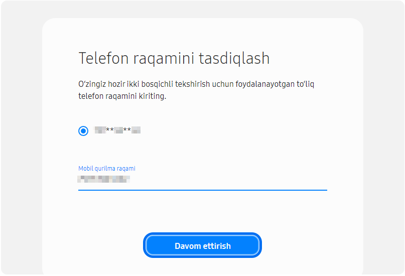 Telefon raqamini kiriting va "Davom etish" tugmasini bosing