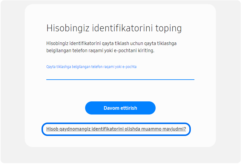 "Akkaunt identifikatorini topa olmayapman" ni oching
