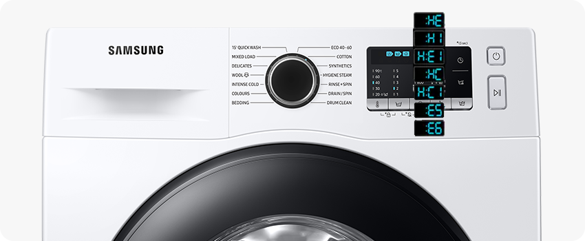 Samsung kir yuvish mashinasi displeyidagi H1, HE, HE1, HC, HC1, E5, E6 xatoliklari