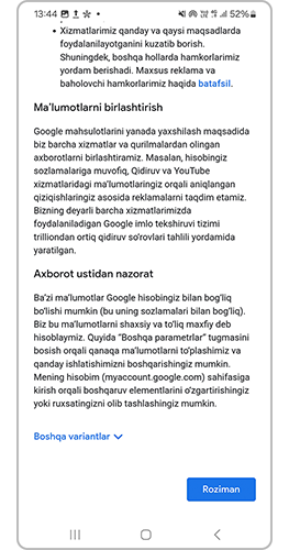 12. Keyingi ekranda akkauntdan foydalanish shartlari paydo bo'ladi. Ko'rib chiqing, pastga tushing va "Qabul qilaman"