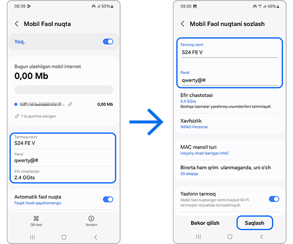 Android 14 da tarmoq nomi va parolini o'zgartirish