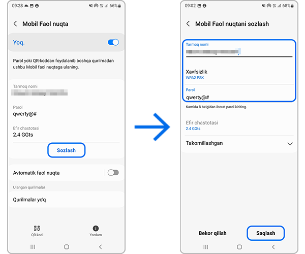 Android 13, 12, 11 da tarmoq nomi va parolini o'zgartirish