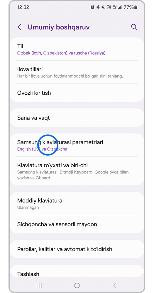 Samsung klaviaturasi parametrlari