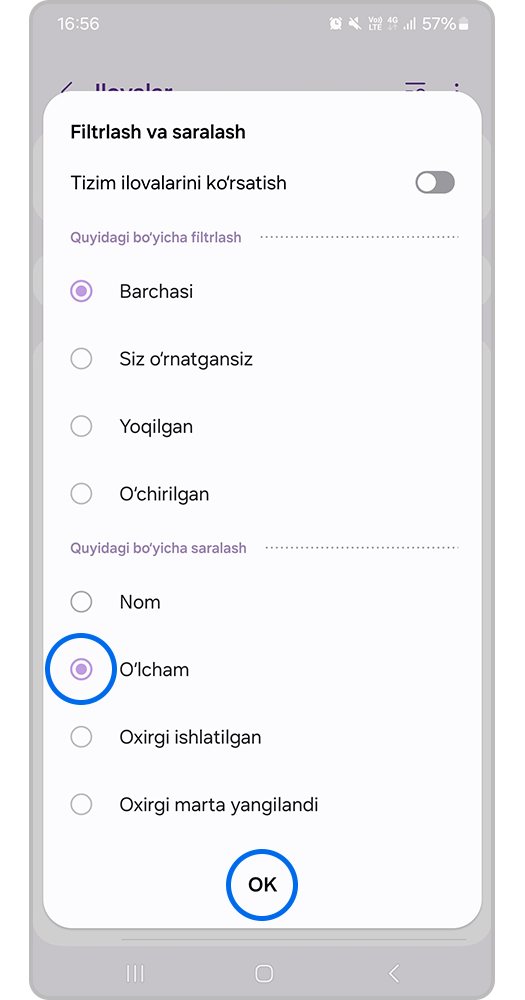 Filtralash va saralash > O‘lcham > OK