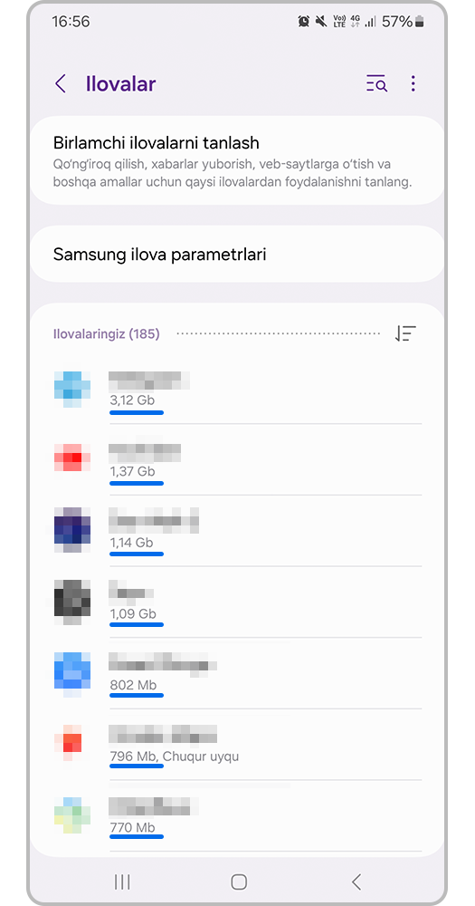 Ilovalar hajmi bo'yicha saralanadi.