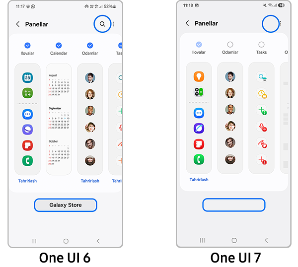 One ui6 v one ui7 versiyalarida panellarni sozlashdagi farqlar
