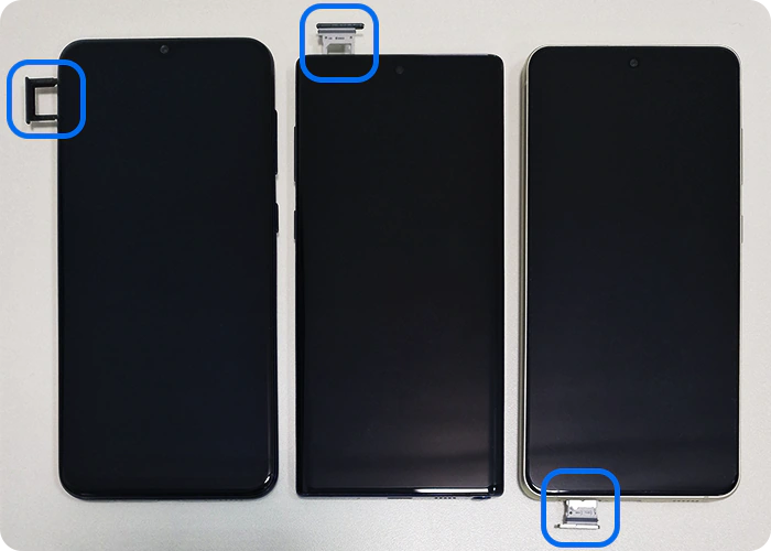 Samsung Galaxy smartfonlarining turli modellarida SIM-karta slotlarining joylashuvi