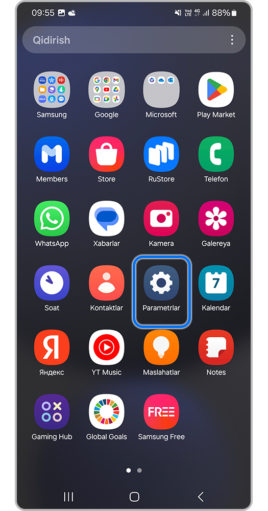Smartfon ekrani, Parametralarni oching.