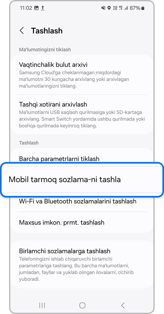 Smartfon ekrani, Mobil tarmoq sozlama-ni tashla