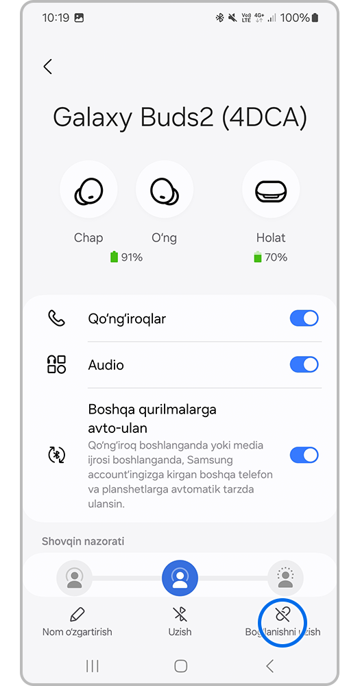 Smartfon ekrani, Bluetooth qurilmasiga o'ting va uzing