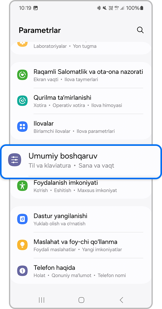 Smartfon ekrani, sozlamalarni oching va umumiy Sozlamalar yorlig'ini tanlang.