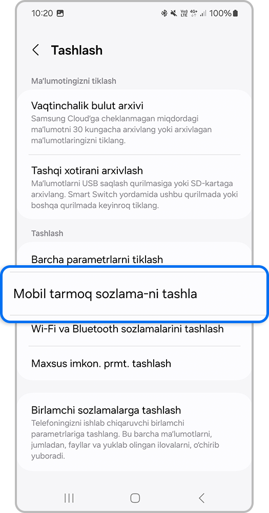 Smartfon ekrani, tarmoq sozlamalarini tiklash yorlig'iga o'ting.