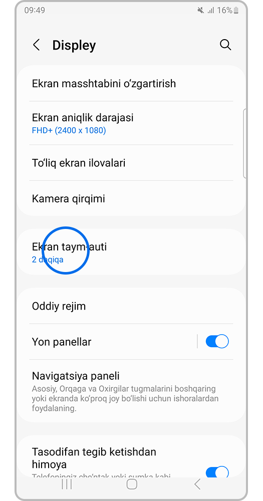 Ekranning taym-aut vaqtini bosing.