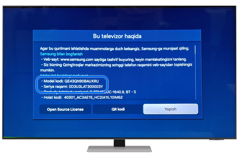Model va almashtiriladigan televizor raqami bilan ekran