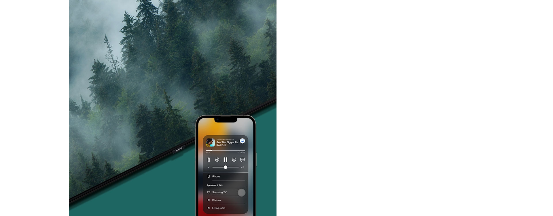 iPhone ekranida "Samsung TV" yozuvining yonida tasdiq belgisi paydo bo'lib, bu AirPlay yordamida qurilmaning muvaffaqiyatli ulanganini bildiradi. Aloqa o'rnatilgandan so'ng Samsung televizorining ekranidagi kontent o'zgaradi va unda skeytbordda turli amallarni bajarayotgan odam namoyish etiladi.