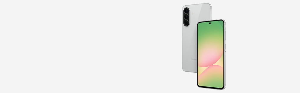 Hai thiết bị Galaxy A56 5G được hiển thị. Thiết bị bên trái hiển thị mặt sau và thiết bị bên phải hiển thị màn hình trước.