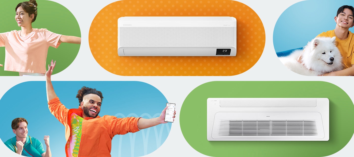 Có người đàn ông, người phụ nữ và thú nuôi trong nhiều kịch bản cuộc sống bên cạnh nhiều loại điều hòa Samsung WindFree. Màn hình trượt phải tiết lộ nhiều người hơn và sản phẩm, thể hiện tiêu đề; Đây là lý do tại sao 13 triệu người tin dùng WindFree™.