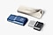 Ba USB flash Drive vuông góc với nhau.   Bar Plus USB 3.1 Flash Drive (2020) màu Bạc nằm trên ổ USB Flash Drive Type-C™ 256GB màu xanh lam và FIT Plus USB 3.1 (2020) Flash Drive màu đen.