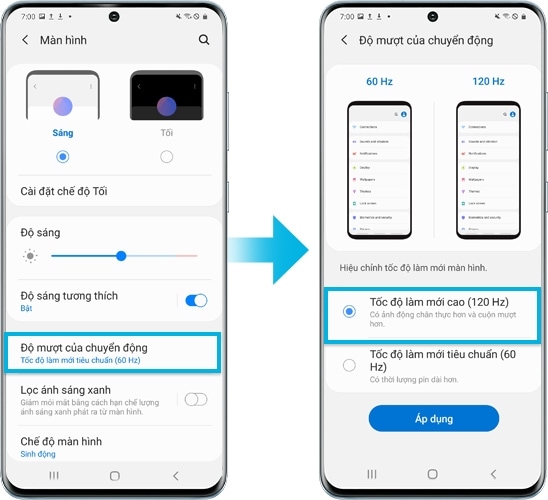 Hình ảnh thiết bị Galaxy S20 đang thiết lập tốc độ làm mới