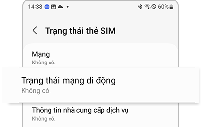 Không có sẵn được hiển thị trong Trạng thái mạng di động