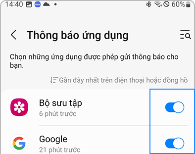 Danh sách các ứng dụng cùng với nút chuyển trong ứng dụng Galaxy Wearable