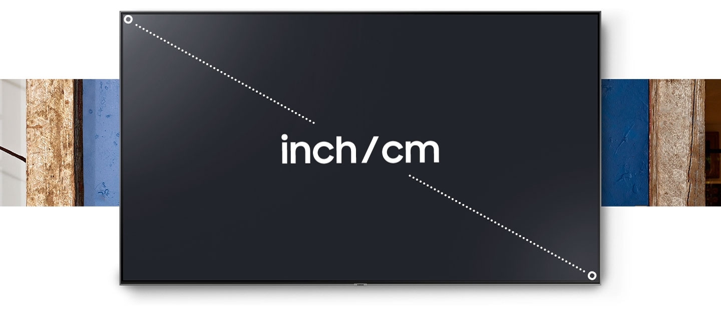 Dòng chữ "inch" và "cm" được hiển thị ở giữa TV màn hình lớn, đi kèm với các đường chấm nối dài theo đường chéo từ góc trên bên trái đến góc dưới bên phải của màn hình.