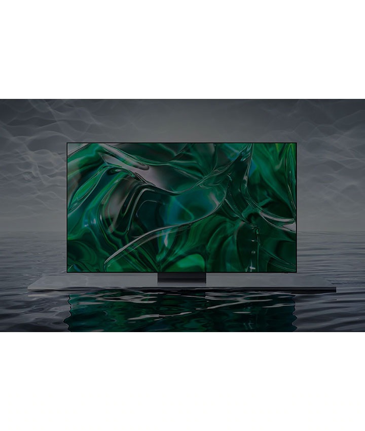 Chiếc TV OLED mới nhất của Samsung hiển thị hình ảnh màu xanh lá cây rõ nét trên màn hình khi nó nổi trên bề mặt màu xám.