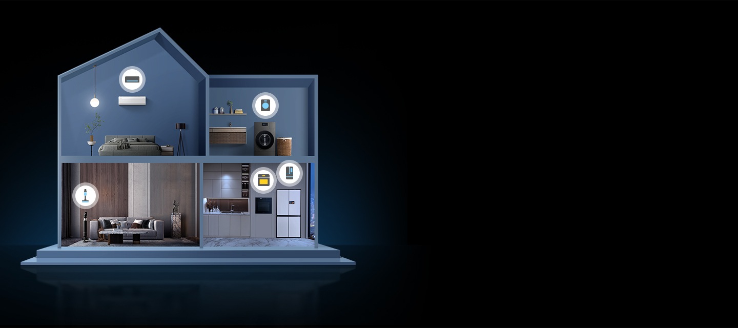 C'è una vista in sezione di una casa a 2 piani con elettrodomestici Bixby AI. Il 1° piano ha un soggiorno con un aspirapolvere Jet Bot e una cucina con forno e frigorifero incorporati. Il 2° piano ha una camera da letto con un condizionatore a parete e un ripostiglio con una lavatrice. Linee simili a circuiti collegano gli elettrodomestici.